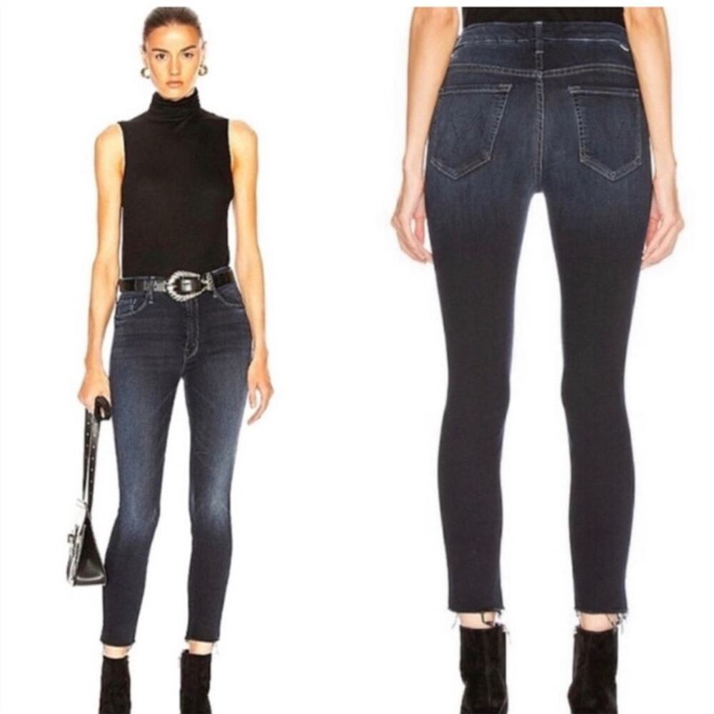 MOTHER High‎ Waisted Looker Ankle Fray Jeans in Last Call Dark Blue Wash Size 26